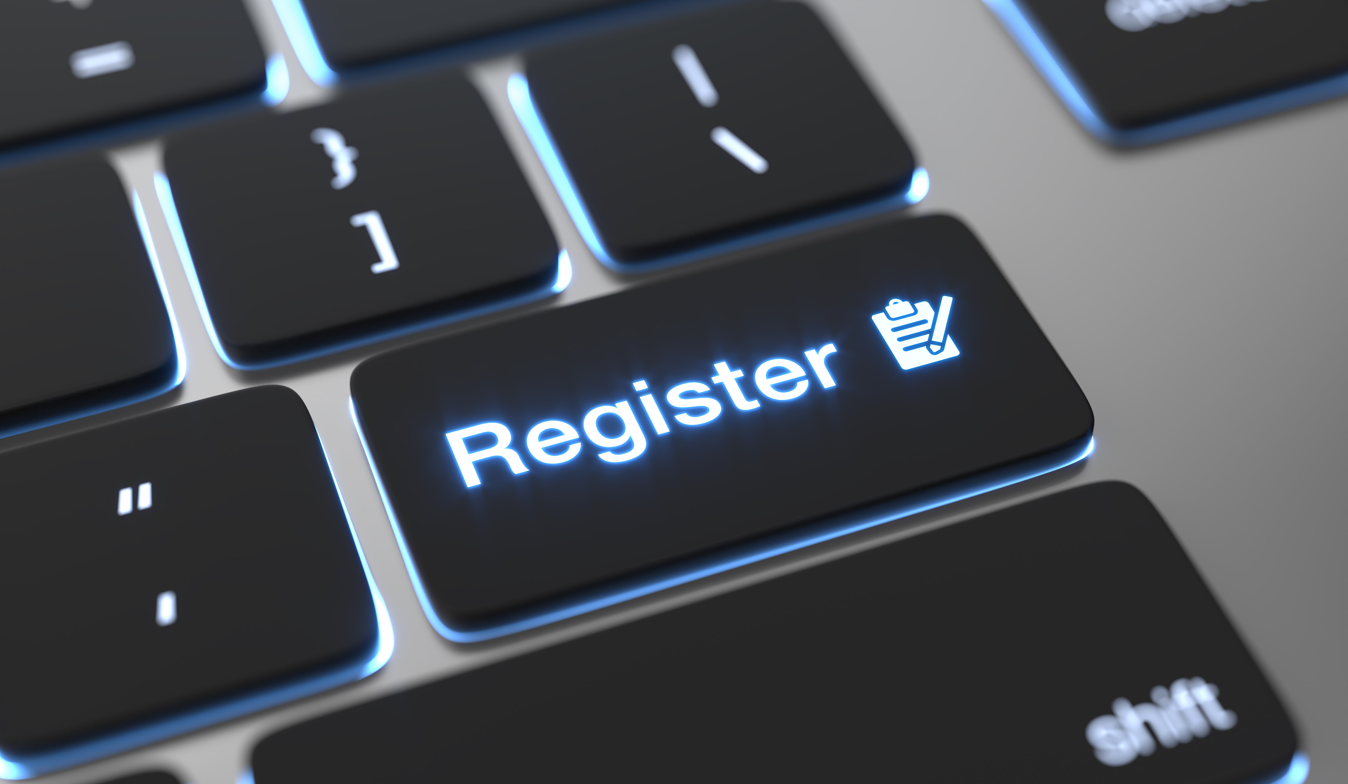 Es ist ein Ausschnitt einer Tastatur abgebildet. Auf einer Taste steht Register und ein kleine Graphik mit einem Klemmbrett und Stift sind daneben abgebildet.