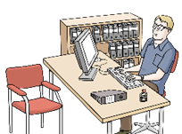 Arbeitsplatz im Amt mit einer Person am Computer Bild Schreibtisch, an dem ein Mann am Computer arbeitet