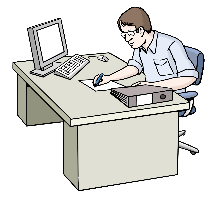 Person an einem Schreibtisch, die etwas notiert Schreibtisch mit Computer und einem Aktenordner. Am Schreibtisch sitzt ein Mann, der etwas auf ein Blatt Papier schreibt
